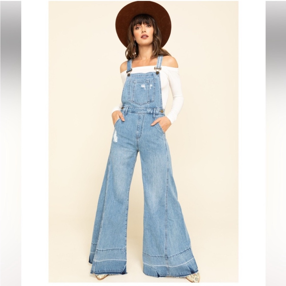 Light Blue Denim Overalls with Wide-Leg Design